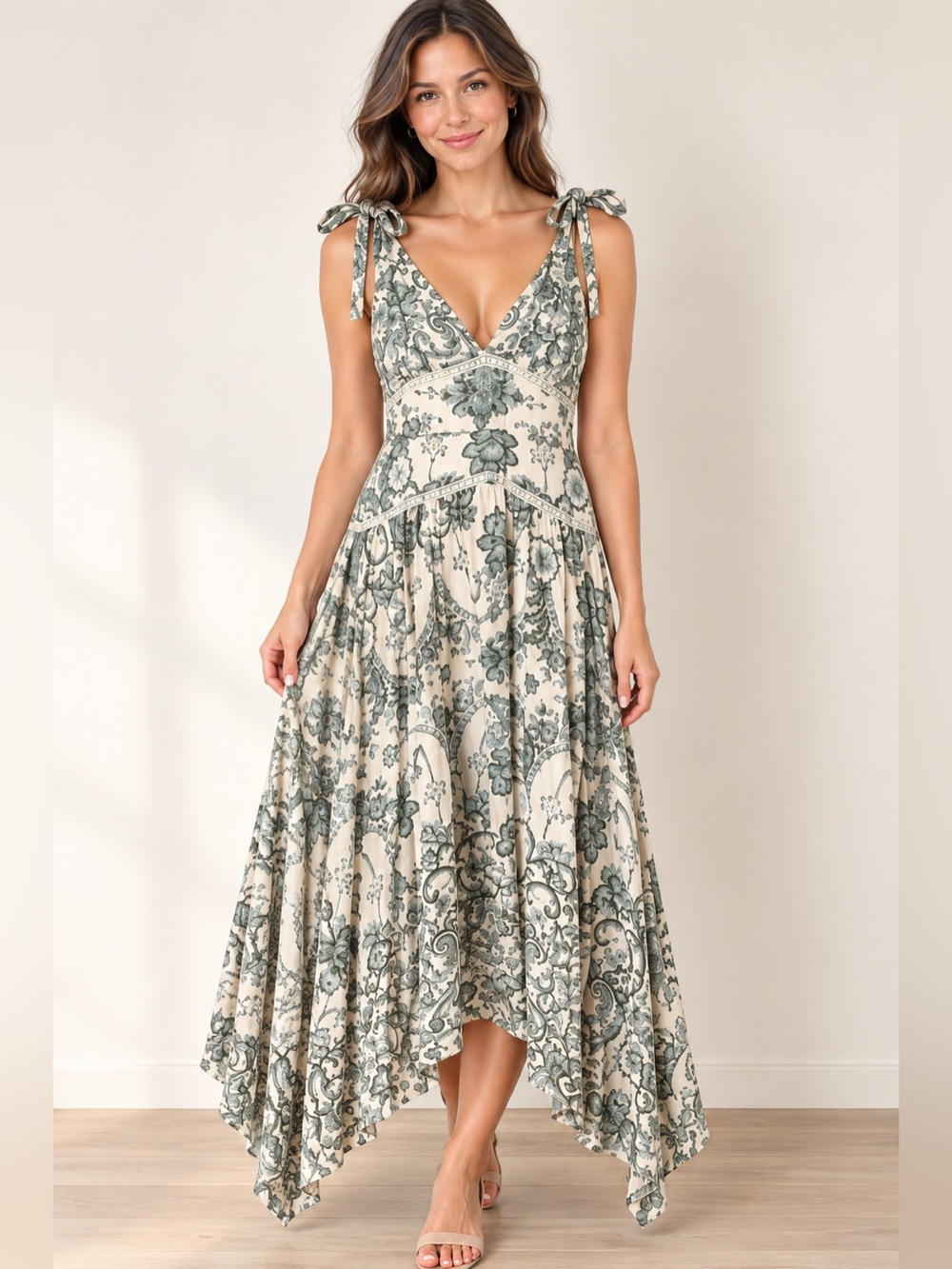Parker Silt Green Floral V-Neck Flowy Handkerchief Hem Maxi Dress Size 10 NWT
